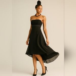 Black Strapless Dress. Satin Waist. Asymmetrical Hemline. Size Small
